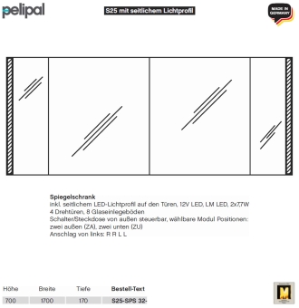 Pelipal neutraler LED Spiegelschrank 170 cm - S25 - seitliche LED Profile - 4 Türen 