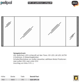 Pelipal neutraler LED Spiegelschrank 180 cm - S25 - seitliche LED Profile - 4 Türen 
