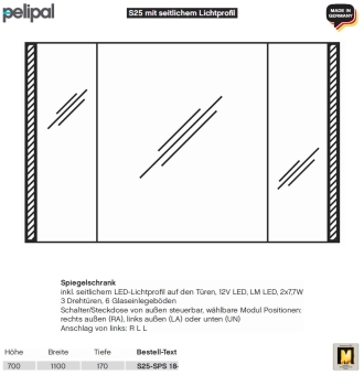 Pelipal neutraler LED Spiegelschrank 110 cm - S25 - seitliche LED Profile 