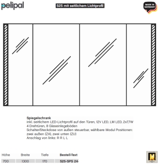 Pelipal neutraler LED Spiegelschrank 130 cm - S25 - seitliche LED Profile - 4 Türen 