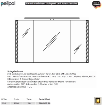 Pelipal neutraler LED Spiegelschrank 120 cm - S26 - seitliche LED Profile & Aufsatzleuchte 