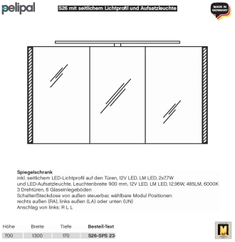 Pelipal neutraler LED Spiegelschrank 130 cm - S26 - seitliche LED Profile & Aufsatzleuchte 