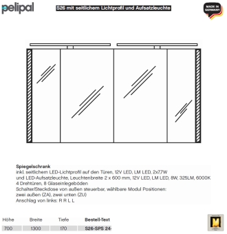 Pelipal neutraler LED Spiegelschrank 130 cm - S26 - seitliche LED Profile & Aufsatzleuchten 