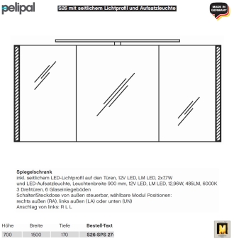Pelipal neutraler LED Spiegelschrank 150 cm - S26 - seitliche LED Profile & Aufsatzleuchte 