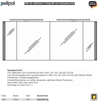 Pelipal neutraler LED Spiegelschrank 170 cm - S26 - seitliche LED Profile & Aufsatzleuchten 