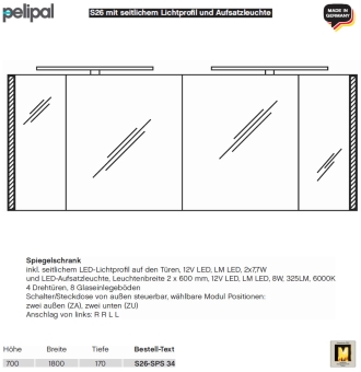 Pelipal neutraler LED Spiegelschrank 180 cm - S26 - seitliche LED Profile & Aufsatzleuchten 