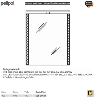 Pelipal neutraler LED Spiegelschrank 60 cm - S26 - seitliches LED Profil & Aufsatzleuchte 