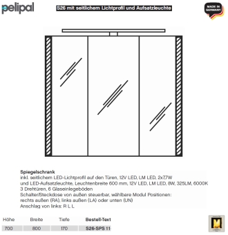 Pelipal neutraler LED Spiegelschrank 80 cm - S26 - seitliche LED Profile & Aufsatzleuchte 