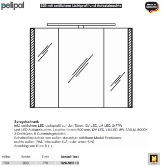 Pelipal neutraler LED Spiegelschrank 90 cm - S26 - seitliche LED Profile & Aufsatzleuchte 