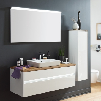 Puris UNIQUE Badmöbel Set 120 cm mit Keramik-Aufsatz-Waschtisch & LED Spiegel 