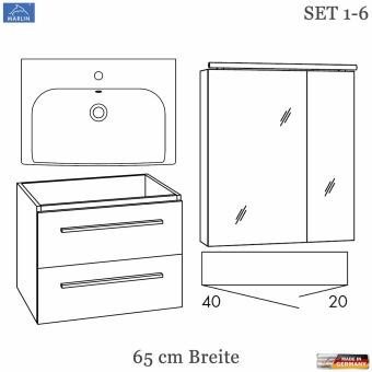 Marlin 3060 Badmöbel Set mit 65 cm Keramik-Waschtisch und Spiegelschrank 2-Türen - V1.6 