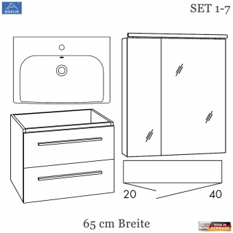 Marlin 3060 Badmöbel Set mit 65 cm Keramik-Waschtisch und Spiegelschrank 2-Türen - V1.7 
