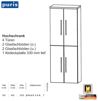 Puris Crescendo Hochschrank 60 cm Breite mit 4 Türen - HNA036A7 