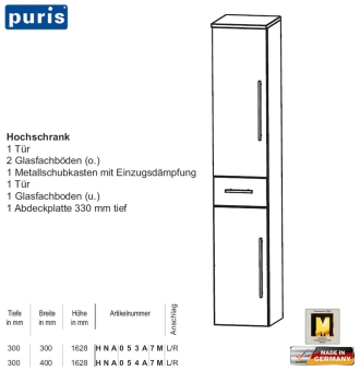 Puris Crescendo Hochschrank mit 2 Türen und 1 Schubkasten - HNA053A7M 