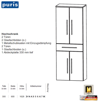 Puris Crescendo Hochschrank 60 cm Breite mit 4 Türen und 1 Schubkasten - HNA056A7M 