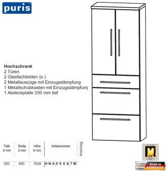 Puris Crescendo Hochschrank 60 cm Breite mit Türen und Auszügen - HNA096A7M 