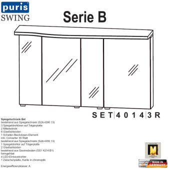 Puris Swing Spiegelschrank-Set 140 cm mit gewelltem Gesims (SET40143R) 