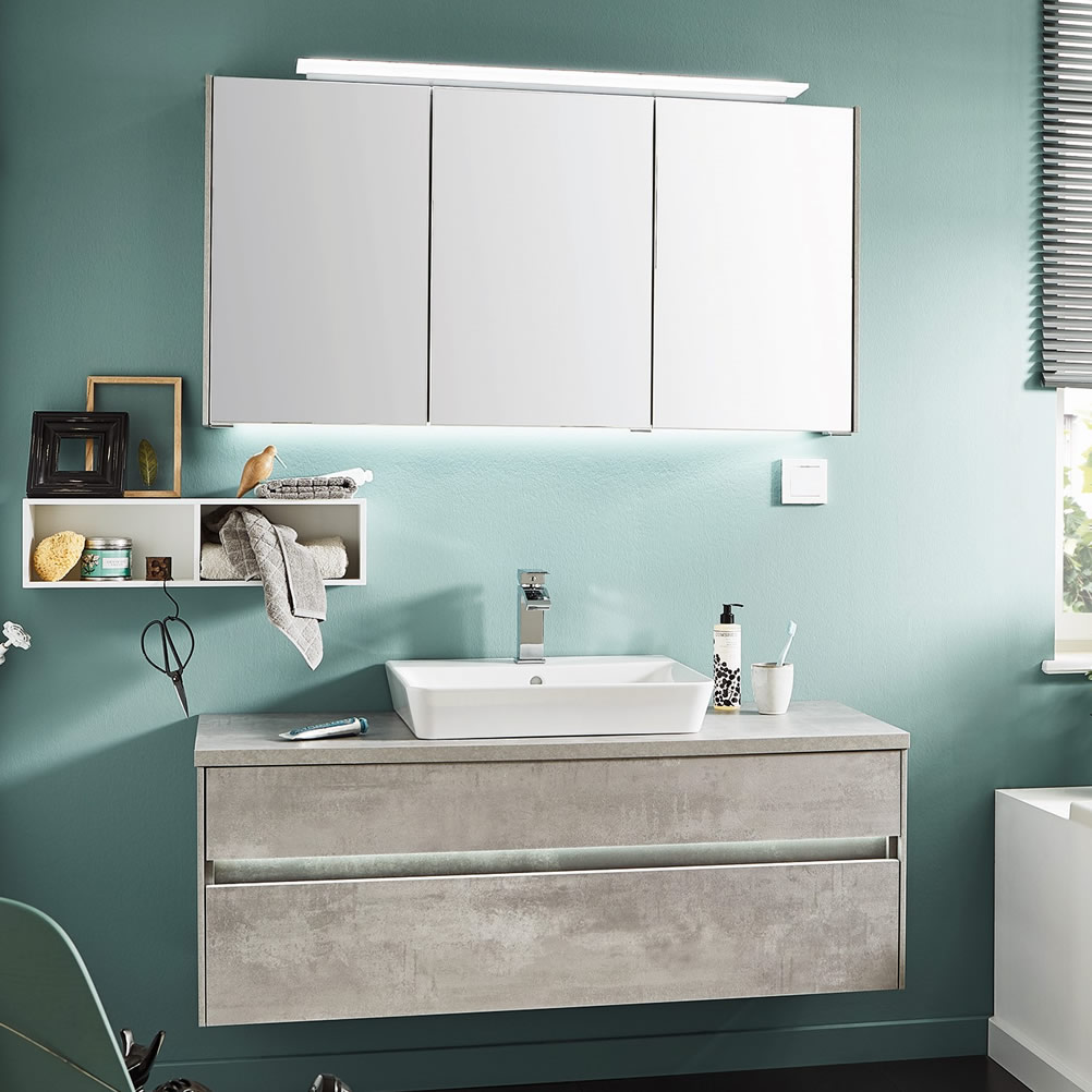 Puris UNIQUE Badmöbel Set 120 cm mit Keramik-Aufsatz-Waschtisch & LED  Spiegelschrank