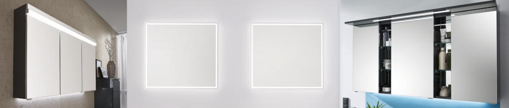 3 Varianten von Spiegelschränken mit LED-Paneelen und Staufächern